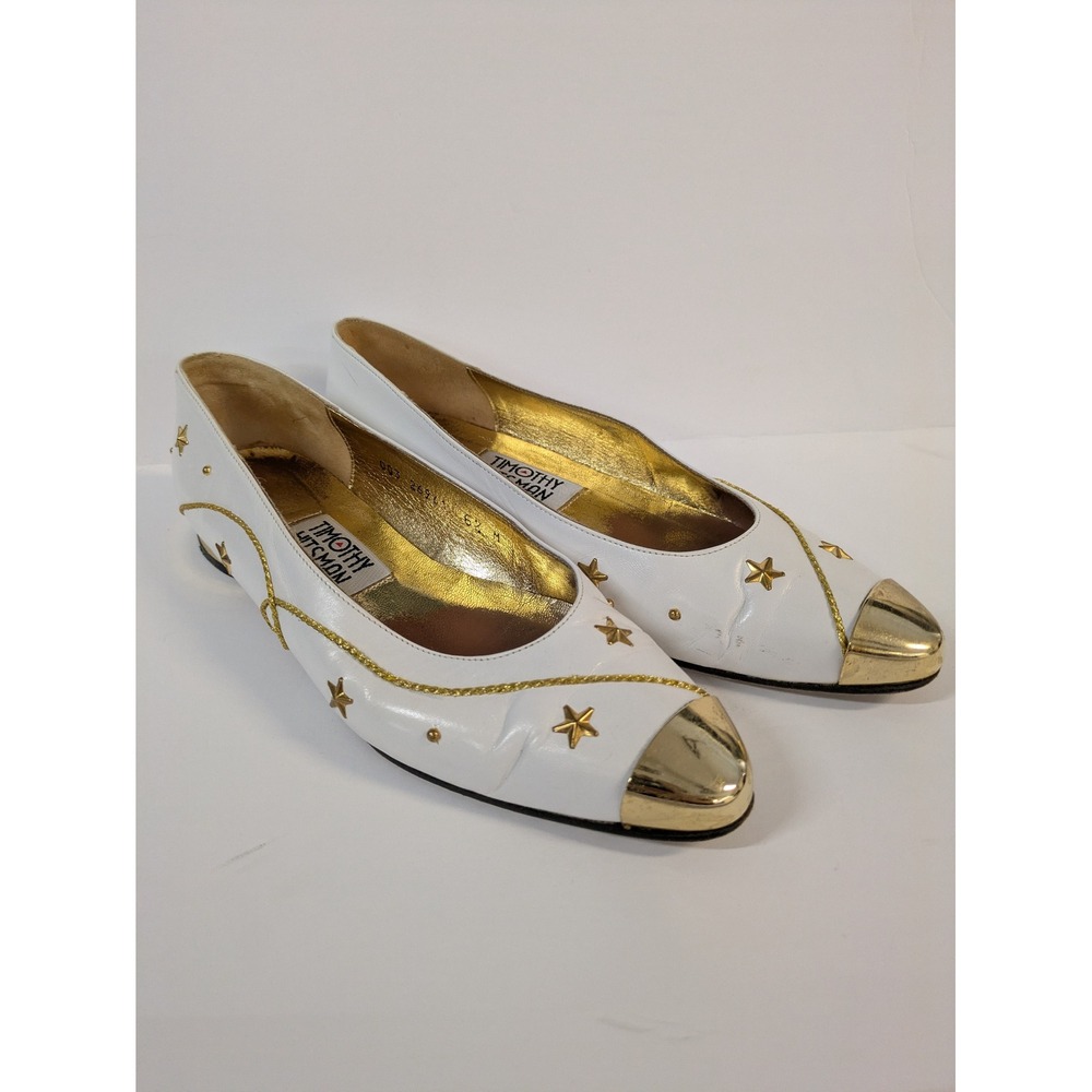 Timothy Hitsman Vintage White Leather Gold Star Studded Metal Toe Flats 6.5 M